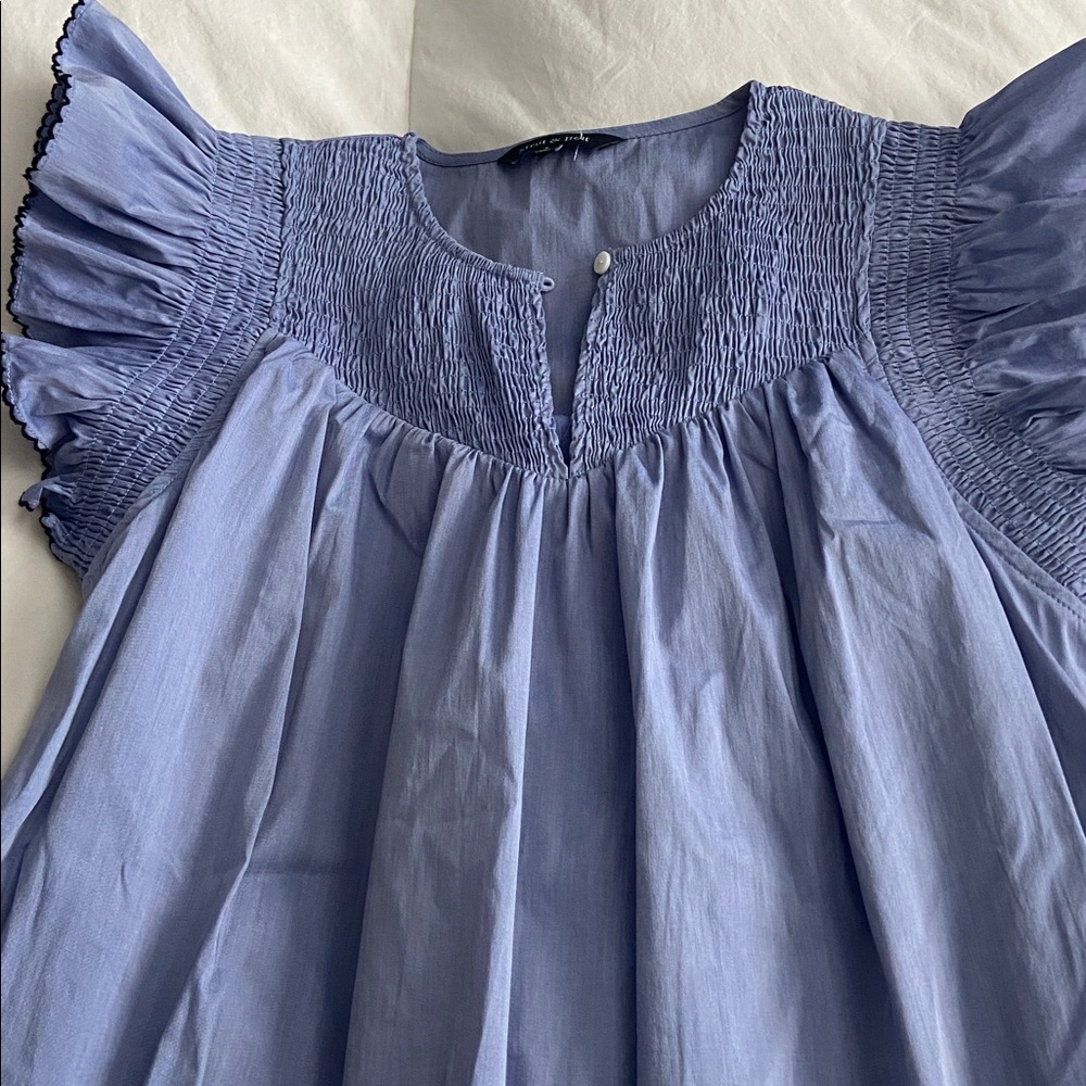 Blue Smocked Dress with Ruffled Sleeves - Picture 2 of 8